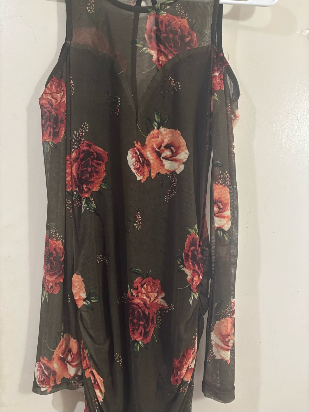 Floral Mesh Cold-Shoulder dress - Olive with Red Rose Print
